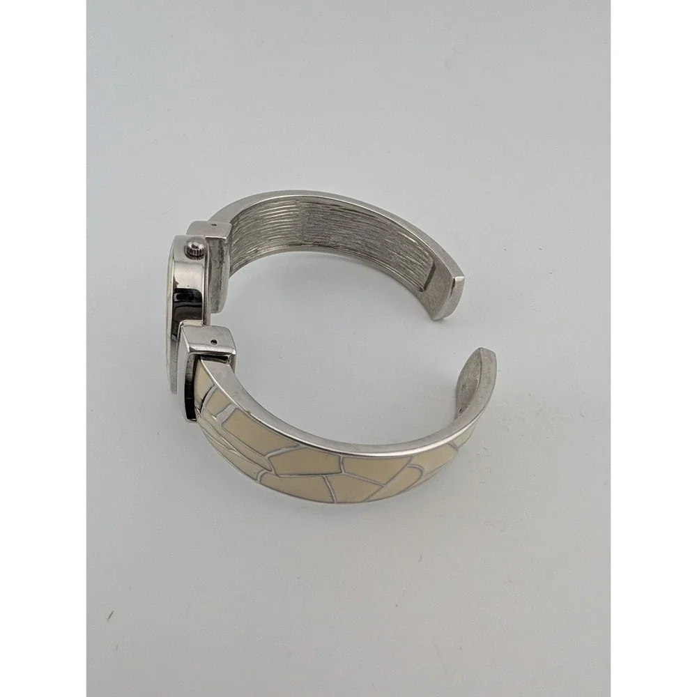 Women's Quartz Watch 33mm Case White Enamel Inlay Hinge Bangel Band- New Battery